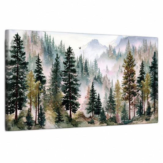 Misty Mountain Pine Forest Watercolor Wall Art