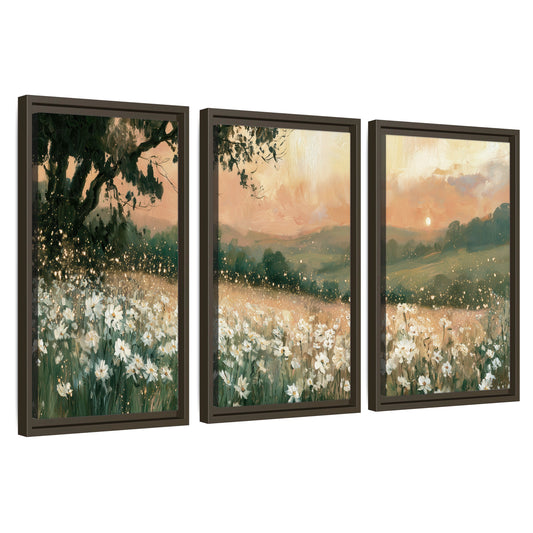 White daisy meadow sunset painting 3 piece framed canvas wall art set on a white background