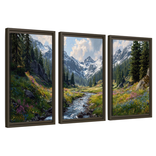 3 piece framed canvas set – alpine wildflower valley mountain landscape triptych