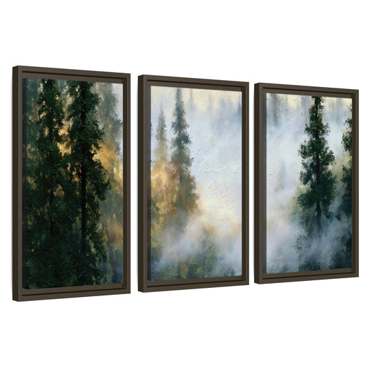 Foggy evergreen forest painting 3 piece framed canvas wall art set on a white background