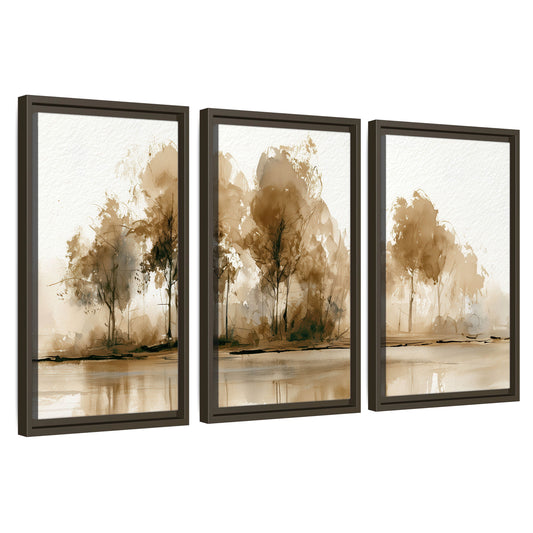 Sepia watercolor lakeside trees painting 3 piece framed canvas wall art set on a white background
