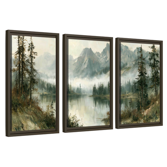 Misty alpine lake painting 3 piece framed canvas wall art set on a white background