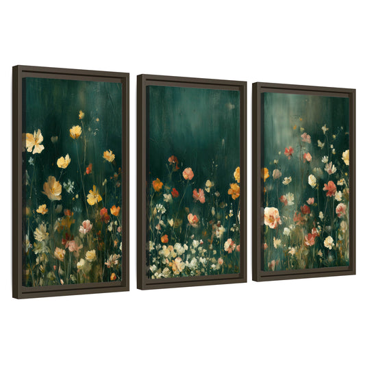 Moody wildflower garden painting 3 piece framed canvas wall art set on a white background