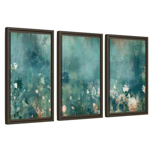 Teal abstract garden painting 3 piece framed canvas wall art set on a white background
