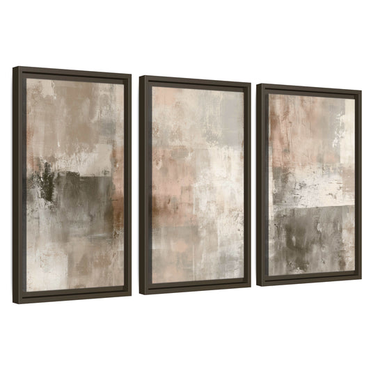 Blush and taupe abstract painting 3 piece framed canvas wall art set on a white background