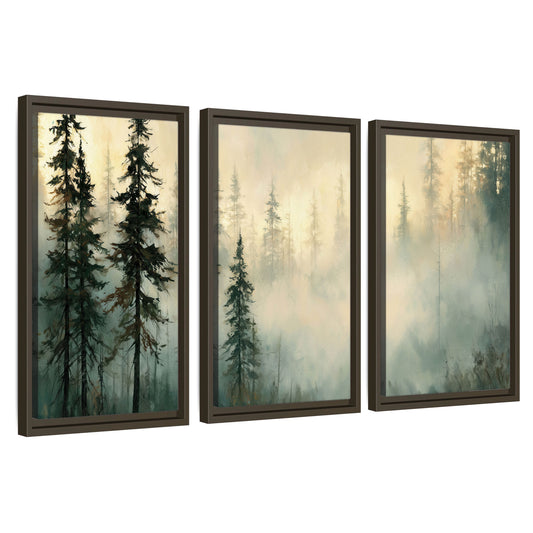 Foggy evergreen forest painting 3 piece framed canvas wall art set on a white background