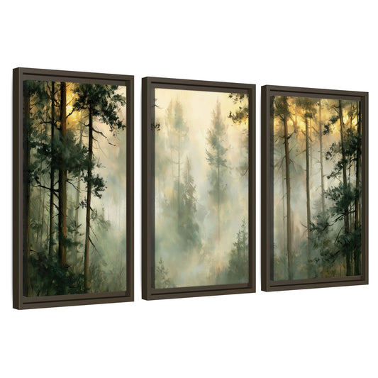 Golden misty pine forest painting 3 piece framed canvas wall art set on a white background