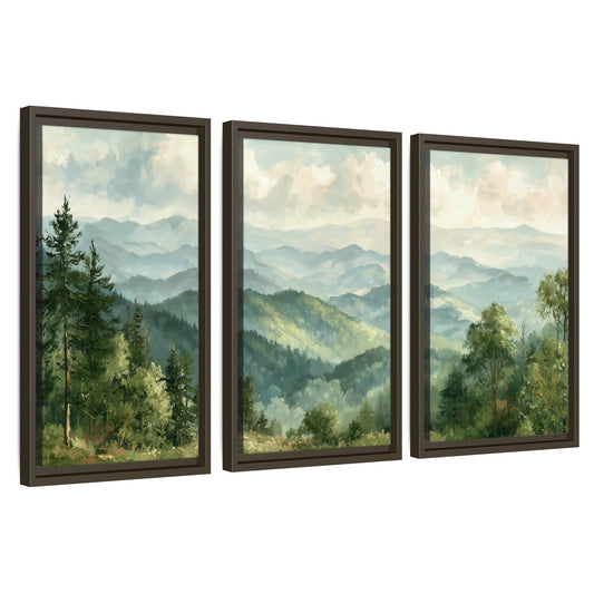 Green mountain valley painting 3 piece framed canvas wall art set on a white background