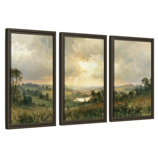 Sunbeams over countryside painting 3 piece framed canvas wall art set on a white background