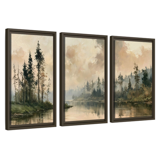 Misty pine river painting 3 piece framed canvas wall art set on a white background