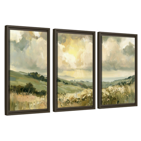 Sunlit meadow hills painting 3 piece framed canvas wall art set on a white background