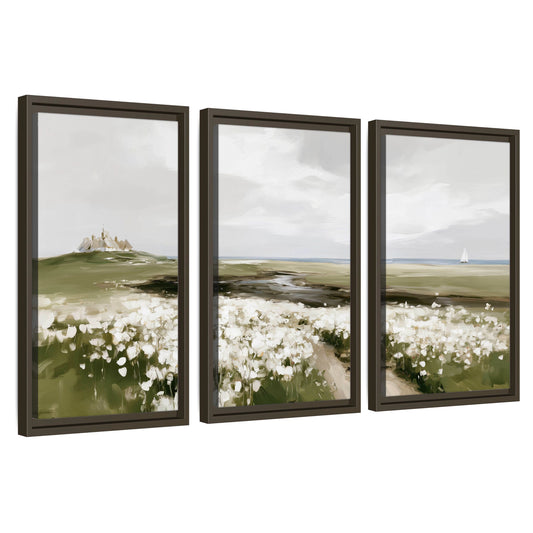 Coastal wildflower meadow painting 3 piece framed canvas wall art set on a white background