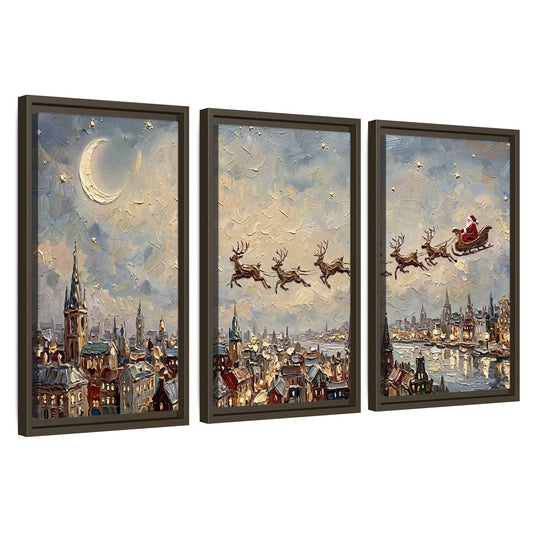 Santa sleigh over city painting 3 piece framed canvas wall art set on a white background