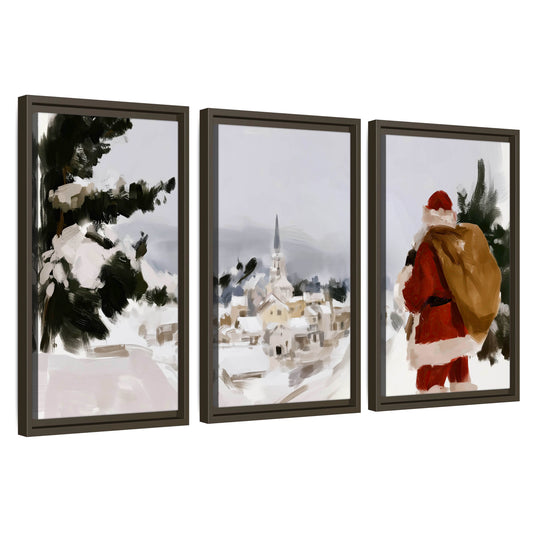 Santa Claus snowy village painting 3 piece framed canvas wall art set on a white background