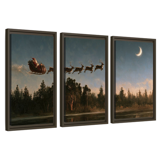 Santa sleigh at dusk painting 3 piece framed canvas wall art set on a white background