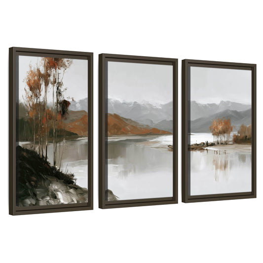 Misty mountain lake autumn painting 3 piece framed canvas wall art set on a white background