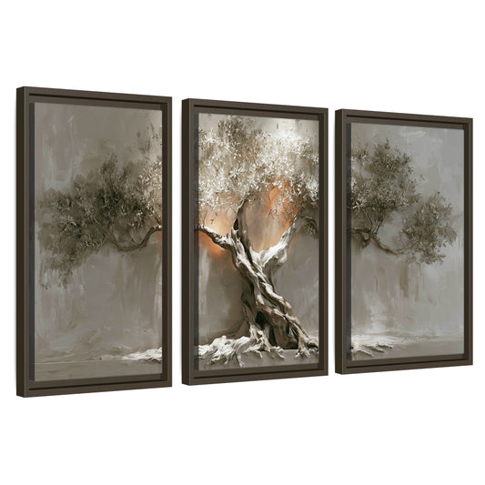 Glowing olive tree painting 3 piece framed canvas wall art set on a white background