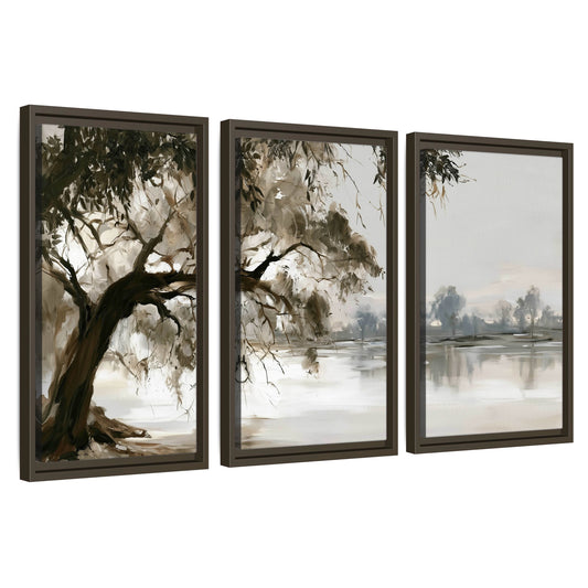 Lakeside tree sepia painting 3 piece framed canvas wall art set on a white background