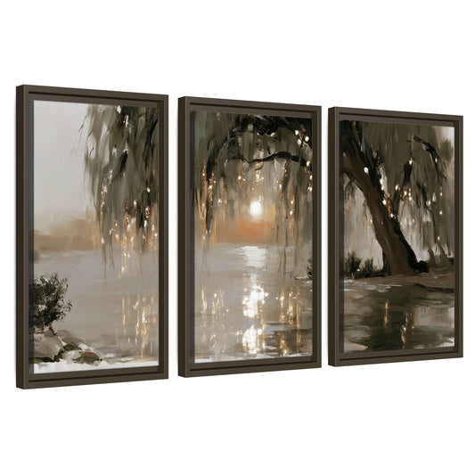 Willow tree sunset lake painting 3 piece framed canvas wall art set on a white background