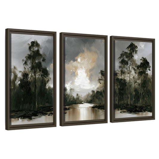 Moody river forest painting 3 piece framed canvas wall art set on a white background