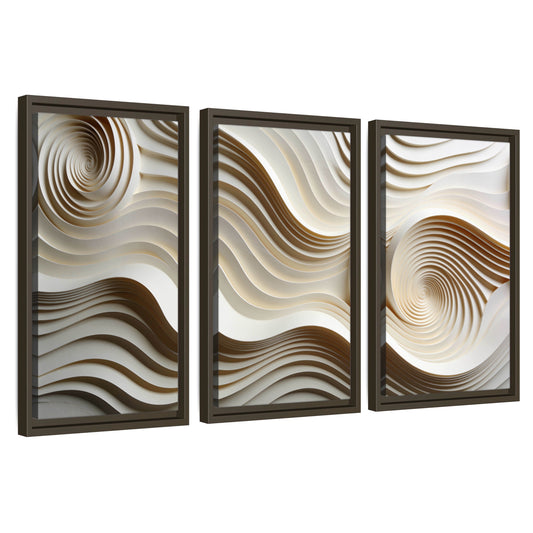 White swirl waves 3D abstract 3 piece framed canvas wall art set on a white background