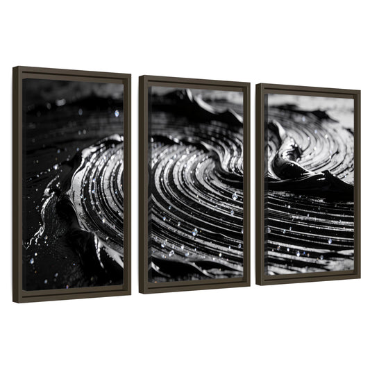 Black and silver swirl abstract painting 3 piece framed canvas wall art set on a white background