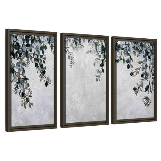 Eucalyptus leaves painting 3 piece framed canvas wall art set on a white background