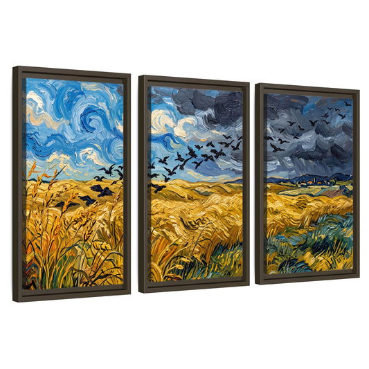 Wheat field with crows painting 3 piece framed canvas wall art set on a white background