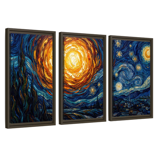 Starry night sky painting 3 piece framed canvas wall art set on a white background
