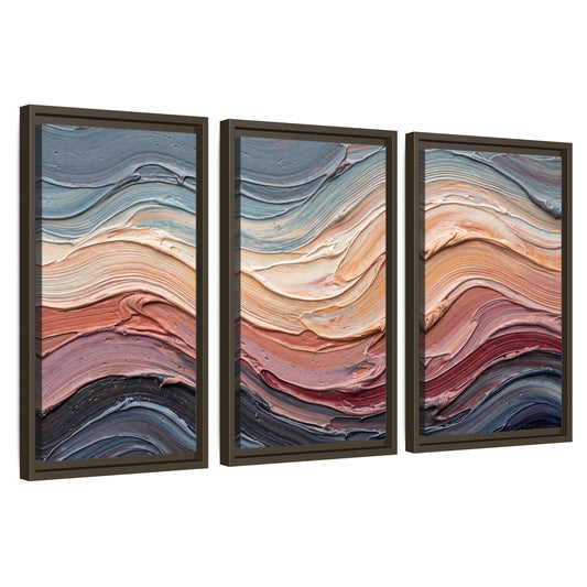 Pastel waves textured abstract painting 3 piece framed canvas wall art set on a white background