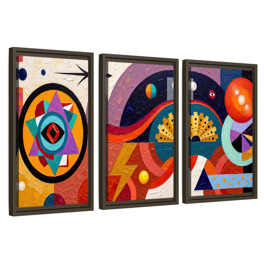 Bold boho geometric painting 3 piece framed canvas wall art set on a white background