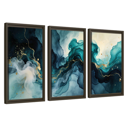 Teal and gold abstract painting 3 piece framed canvas wall art set on a white background