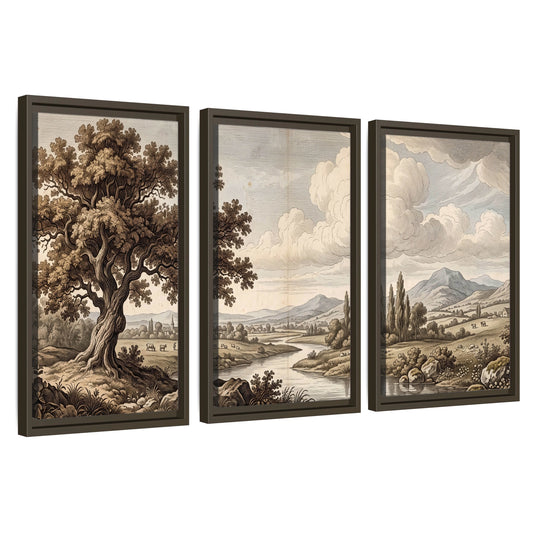 Vintage countryside engraving 3 piece framed canvas wall art set on a white background