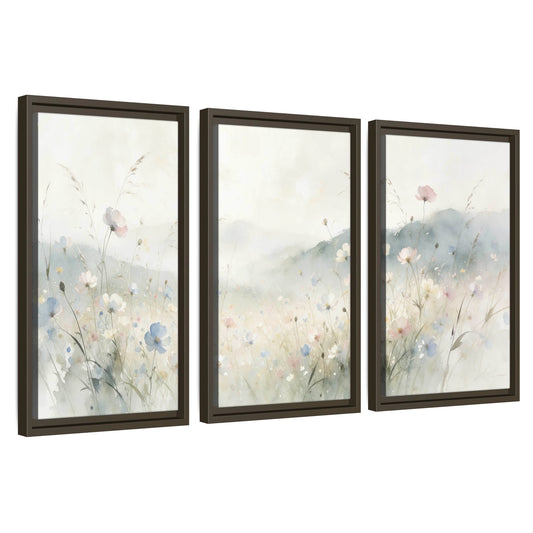 Watercolor wildflower meadow painting 3 piece framed canvas wall art set on a white background