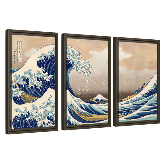 The Great Wave Japanese style painting 3 piece framed canvas wall art set on a white background