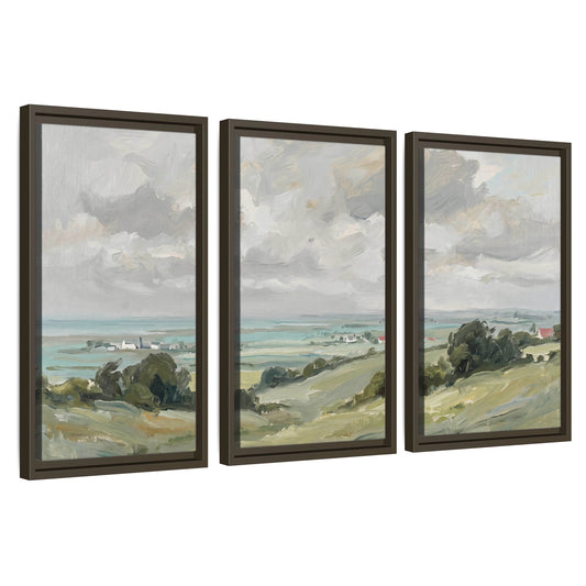 3 piece framed canvas set – coastal countryside seaside village landscape triptych