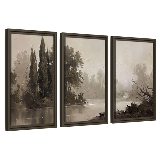 Misty river stone bridge painting 3 piece framed canvas wall art set on a white background