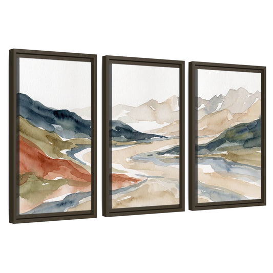 Watercolor mountain valley painting 3 piece framed canvas wall art set on a white background