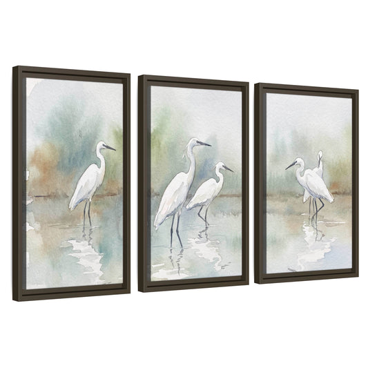 White egrets watercolor 3 piece framed canvas wall art set on a white background