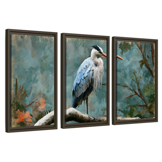Blue heron oil painting 3 piece framed canvas wall art set on a white background