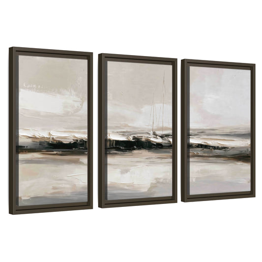 Abstract seascape with sailboats painting 3 piece framed canvas wall art set on a white background