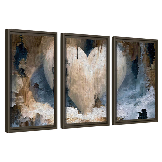 Rustic heart abstract painting 3 piece framed canvas wall art set on a white background