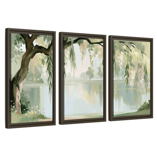 Willow tree by the lake painting 3 piece framed canvas wall art set on a white background
