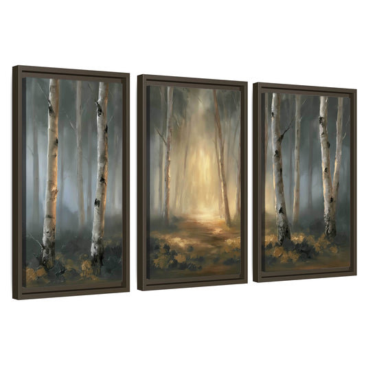 Misty birch forest painting 3 piece framed canvas wall art set on a white background