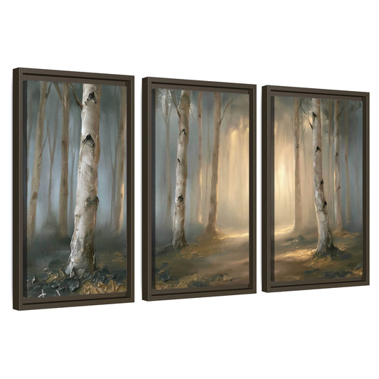 Birch forest path painting 3 piece framed canvas wall art set on a white background