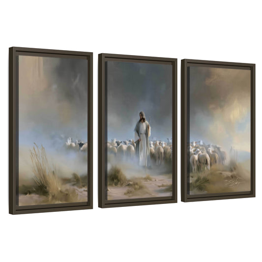 Good Shepherd in the mist painting 3 piece framed canvas wall art set on a white background