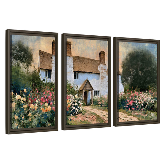 English cottage garden painting 3 piece framed canvas wall art set on a white background