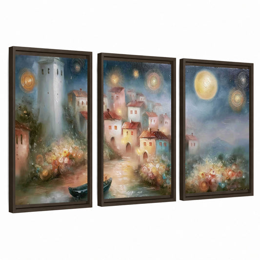 Moonlit village painting 3 piece framed canvas wall art set on a white background