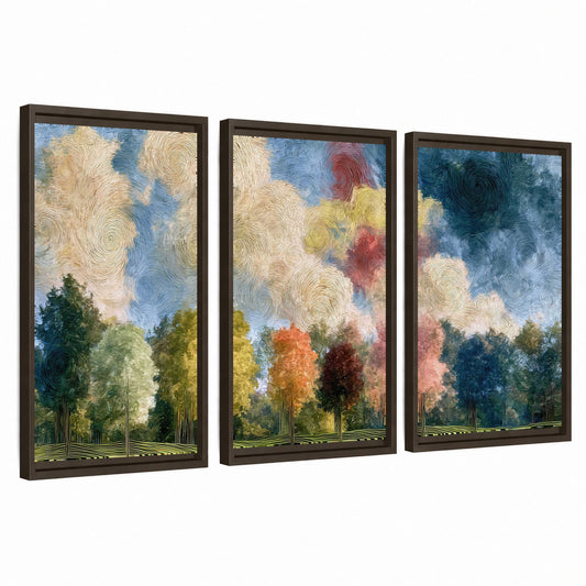 Swirling sky tree painting 3 piece framed canvas wall art set on a white background