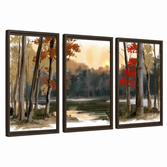 Autumn lake forest painting 3 piece framed canvas wall art set on a white background